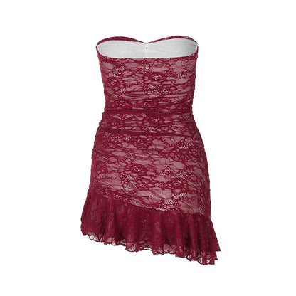 Tube Dresses - Strapless Lace Red Tube Mini Dress for Club Nights