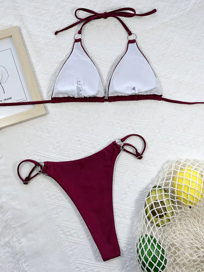 Swimwear- Women's Contrast Binding Swimsuit - Sparkle String Bikini- - Pekosa Women Fashion