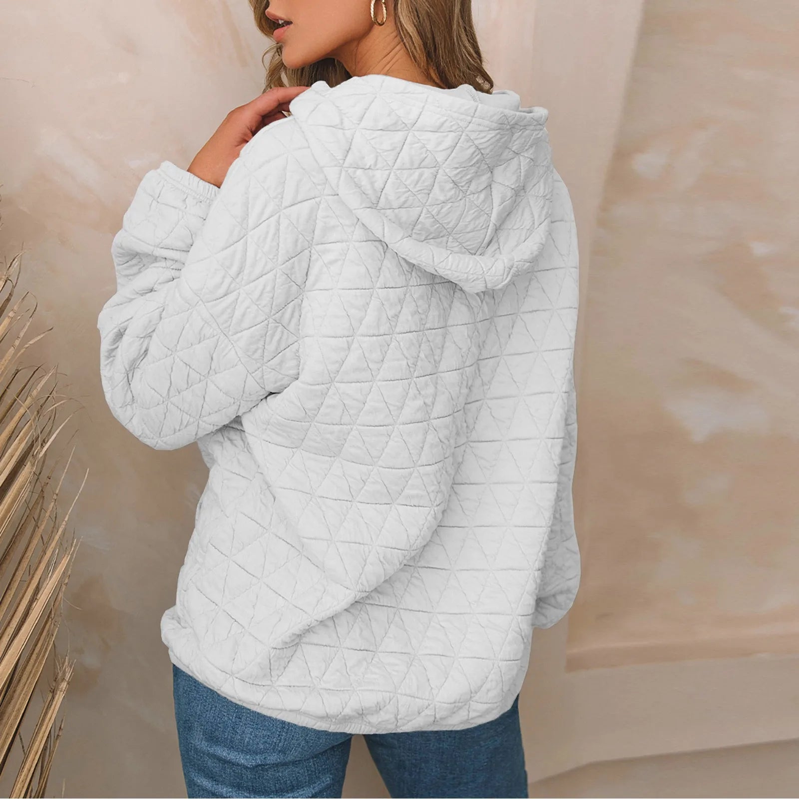 Women Sweatshirts & Hoodies - Sweatshirt Quilted Hoodie Kangaroo Pouch