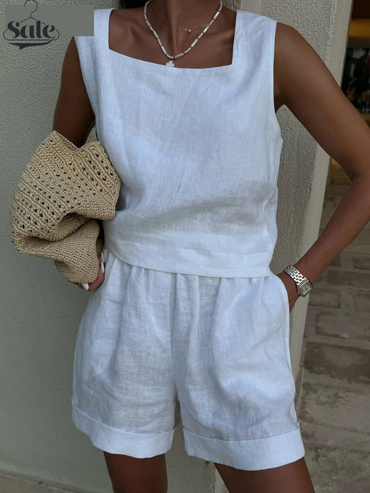 Shorts Sets - Summer Loose White Cotton 2 Piece Sets Women Outfit 2025 Elegant Sleeveless Tank Top With High Waist Shorts Set Female