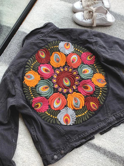 Denim Jackets - Floral Embroidered Patch on Back Denim Oversized Jacket