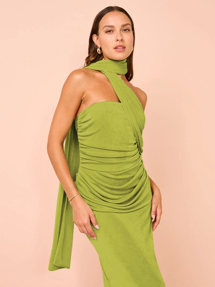 Evening Gown - Backless Halter Ruched Maxi Dress for Evening Parties