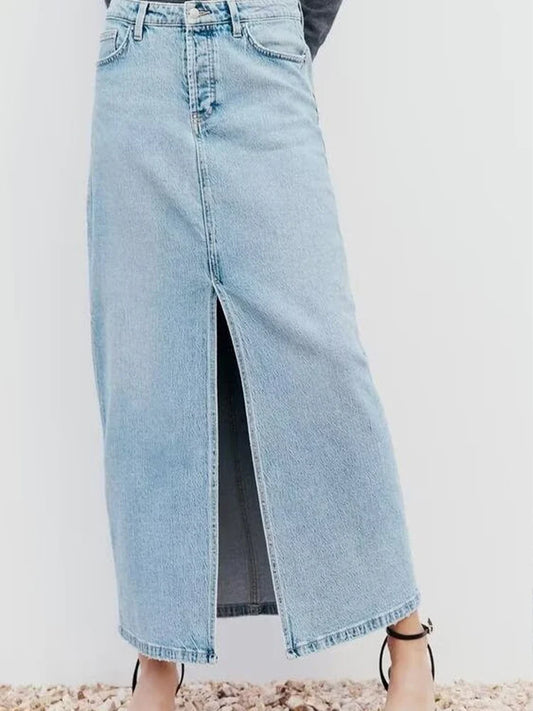 Denim Skirts - fashionable and versatile spring style new style slit hem washed effect denim high waist long skirt