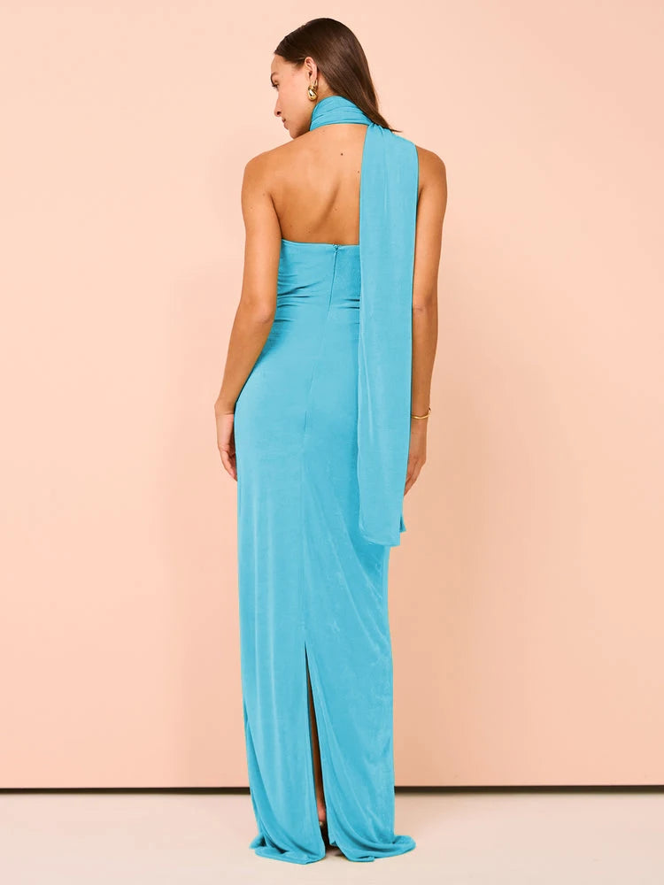 Evening Gown - Backless Halter Ruched Maxi Dress for Evening Parties