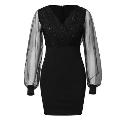 Sequin Mini Dress - Black Sequin Mini Dress with Sheer Mesh Sleeves