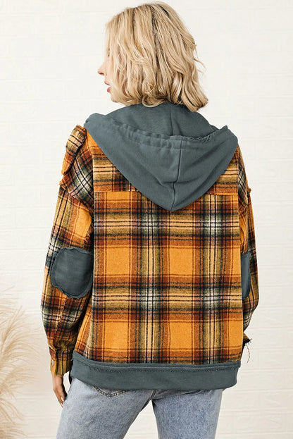 Plaid Jackets - Orange Plaid Hooded Jacket Snap Button Elbow Pads