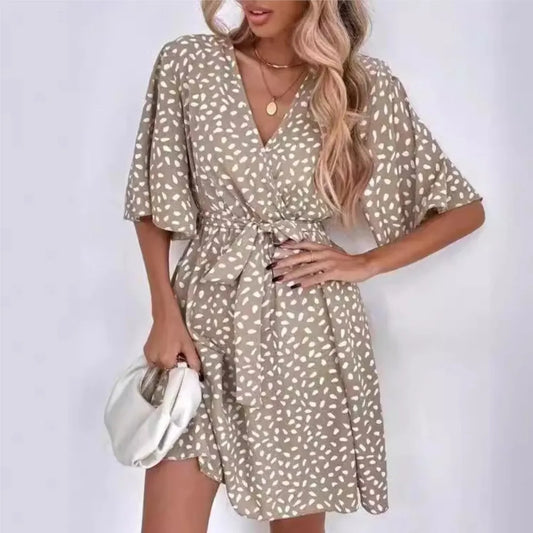 Casual Dot Print Mini Dress with Belt Elegant Chic Half Sleeve V Neck A Line Sundress Vintage Harajuku Short Dress Beach Party