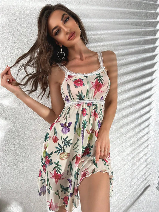 Loungewear - Floral Print Sleepwear Mesh Ruffle Hem Cami Nightdress Bride Nightwear Babydoll Vintage Sleep Dress