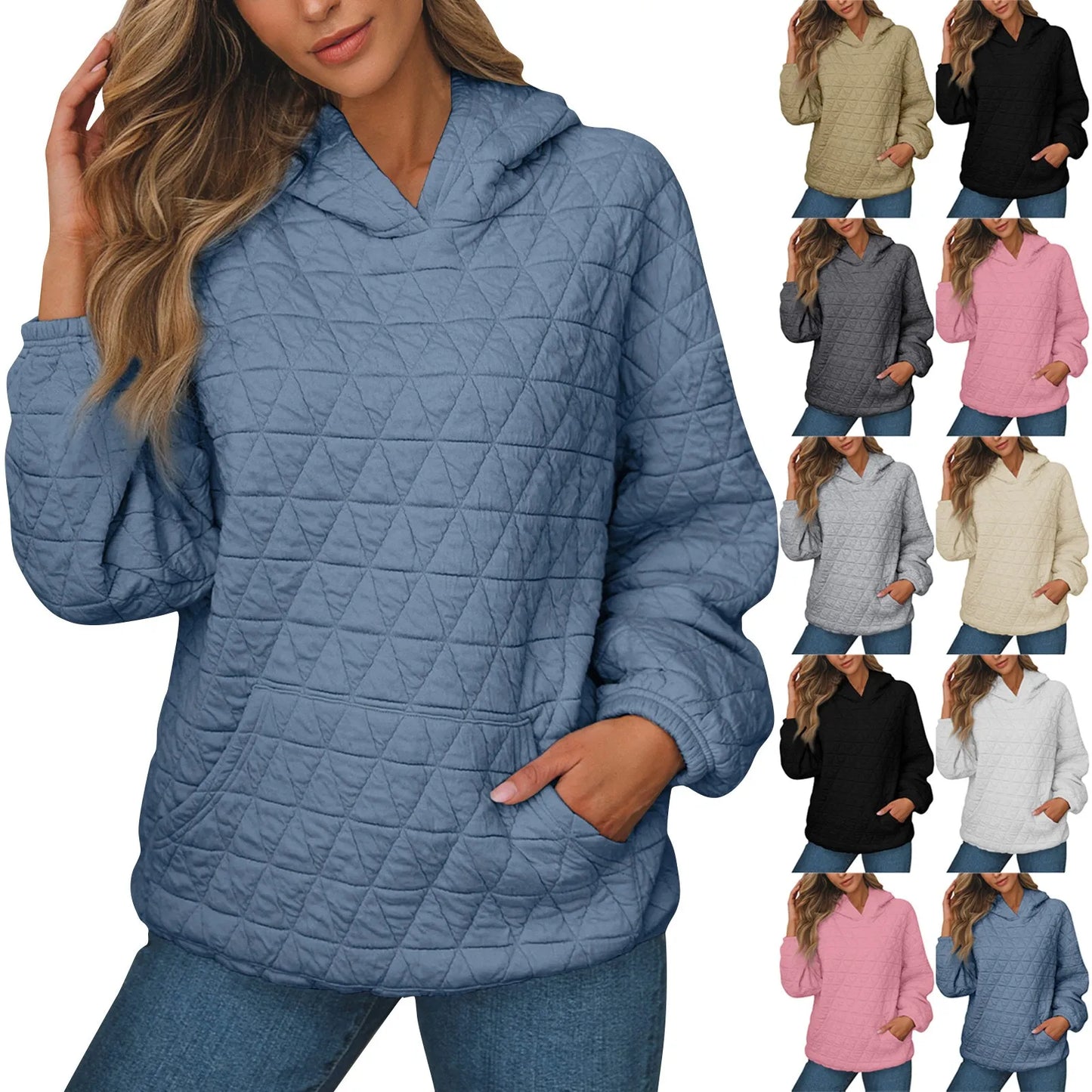 Women Sweatshirts & Hoodies - Sweatshirt Quilted Hoodie Kangaroo Pouch