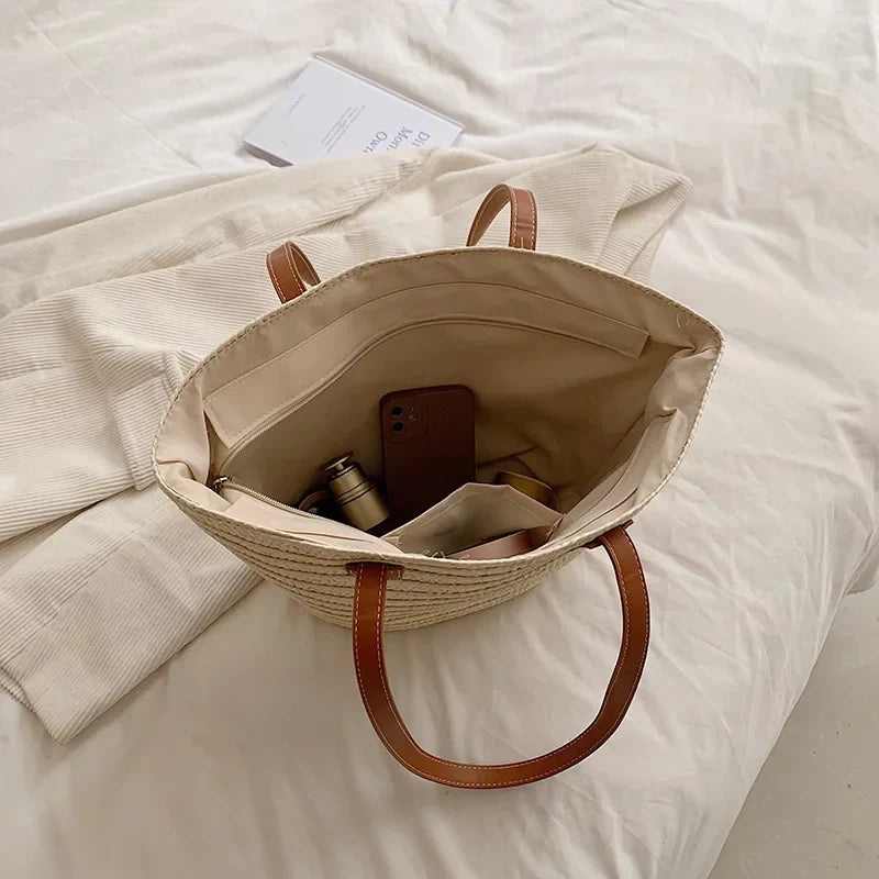 Handbags- Women's Essential Straw Beach Bag- - Pekosa Women Fashion