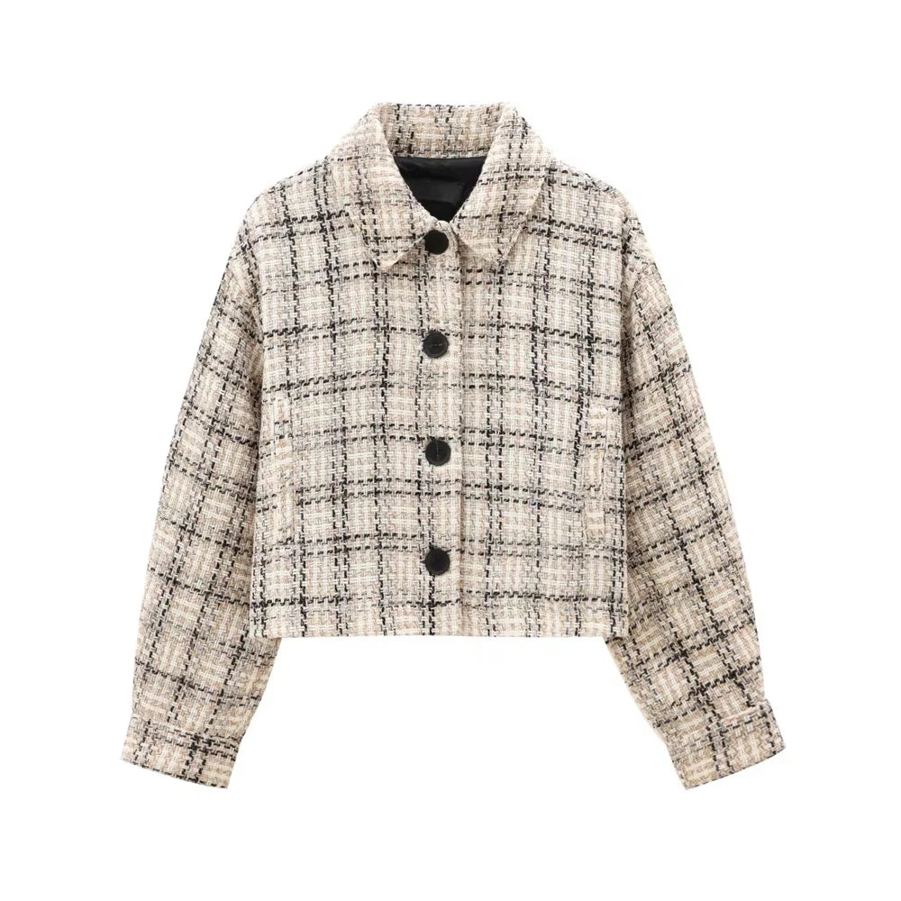 Boucle Jackets - Tweed Boucle Workwear Winter Plaid Cropped Jacket