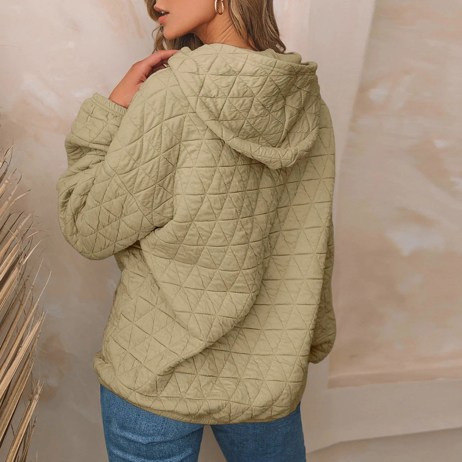 Women Sweatshirts & Hoodies - Sweatshirt Quilted Hoodie Kangaroo Pouch