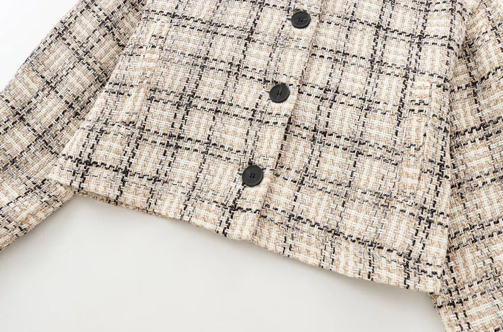 Boucle Jackets - Tweed Boucle Workwear Winter Plaid Cropped Jacket