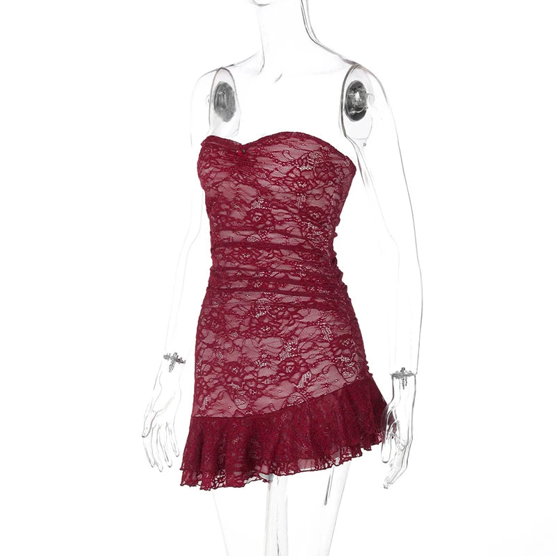 Tube Dresses - Strapless Lace Red Tube Mini Dress for Club Nights