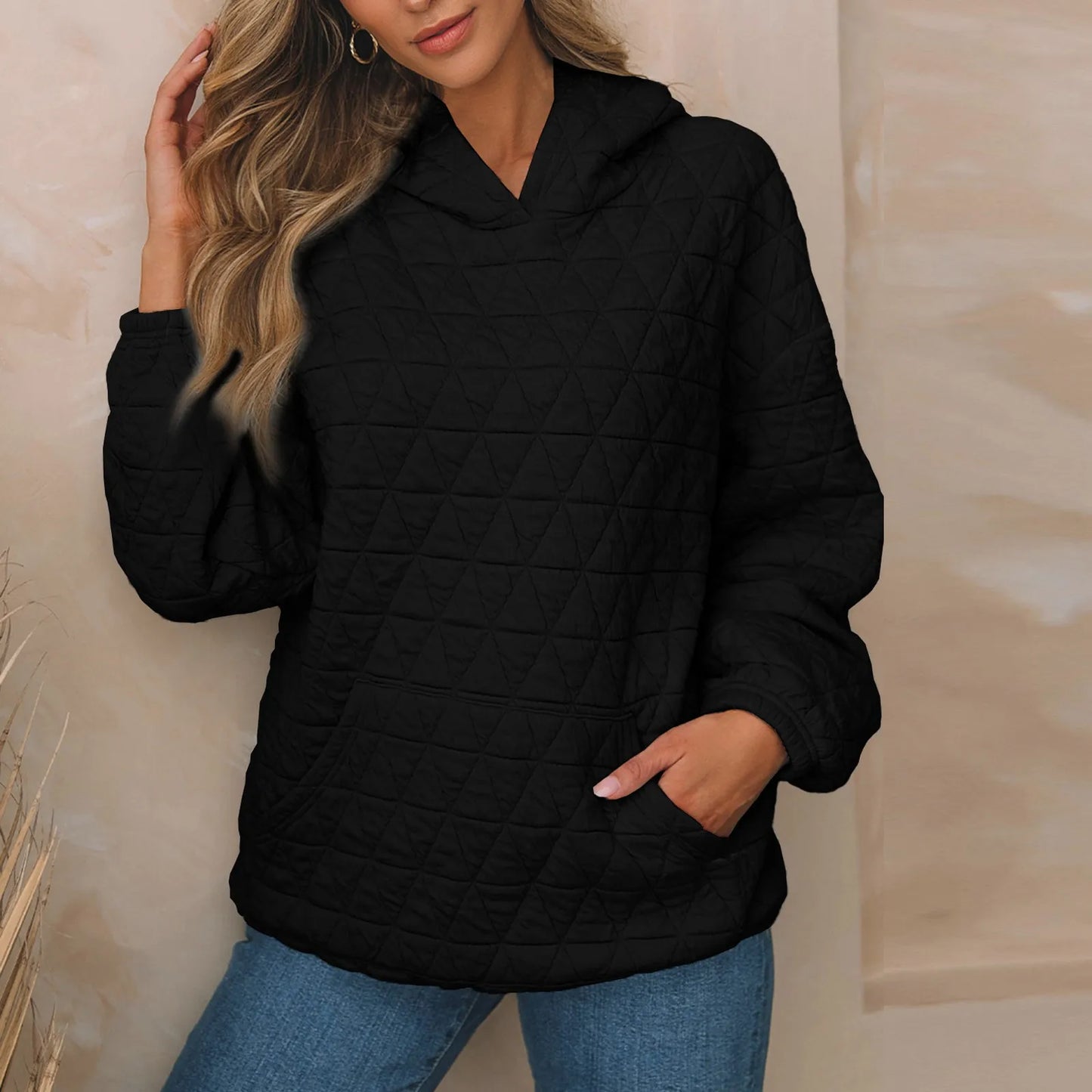 Women Sweatshirts & Hoodies - Sweatshirt Quilted Hoodie Kangaroo Pouch