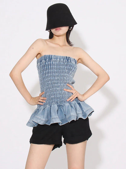 Tube Tops - Denim Tube Top with Ruffle Hem