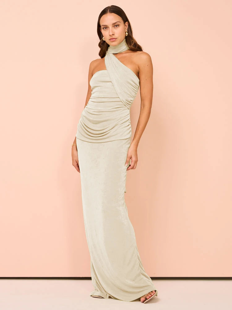 Evening Gown - Backless Halter Ruched Maxi Dress for Evening Parties