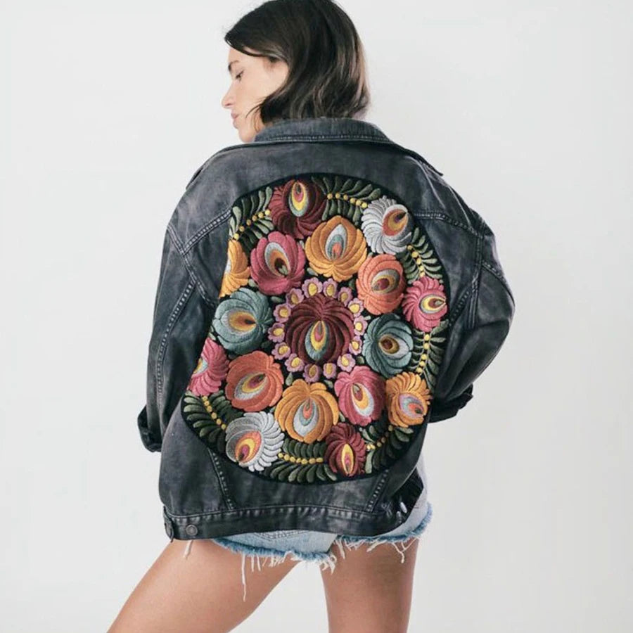 Denim Jackets - Floral Embroidered Patch on Back Denim Oversized Jacket