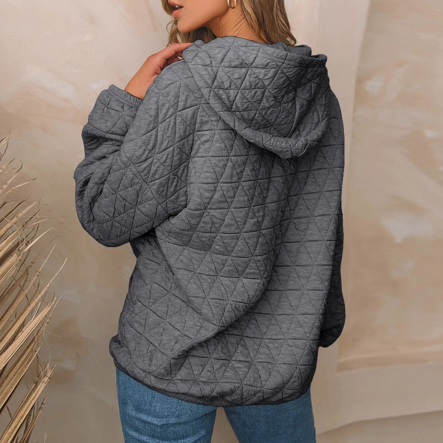 Women Sweatshirts & Hoodies - Sweatshirt Quilted Hoodie Kangaroo Pouch