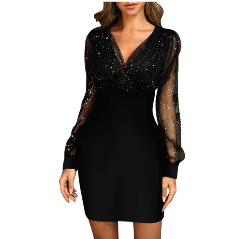 Sequin Mini Dress - Black Sequin Mini Dress with Sheer Mesh Sleeves