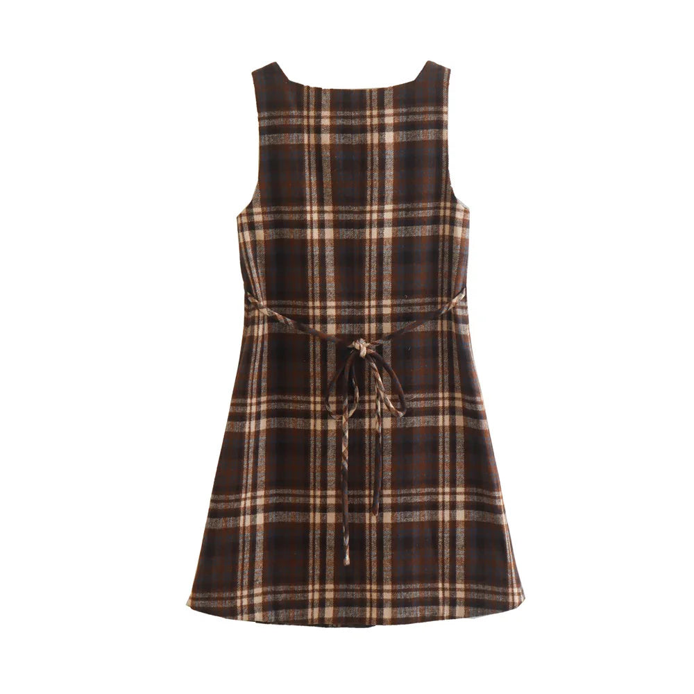 Mini Dresses - Tan Plaid Button-Up Mini Dress with Adjustable Tie-Waist