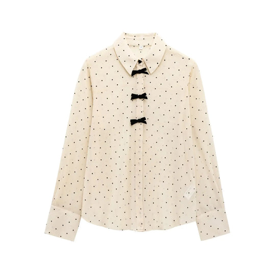 Blouses - Women Autumn Fashion Bow Polka Dot Shirt Top Woman Elegent Chic Solid Turn-down Collar Long-sleeved Blouse Shirt 3 Color