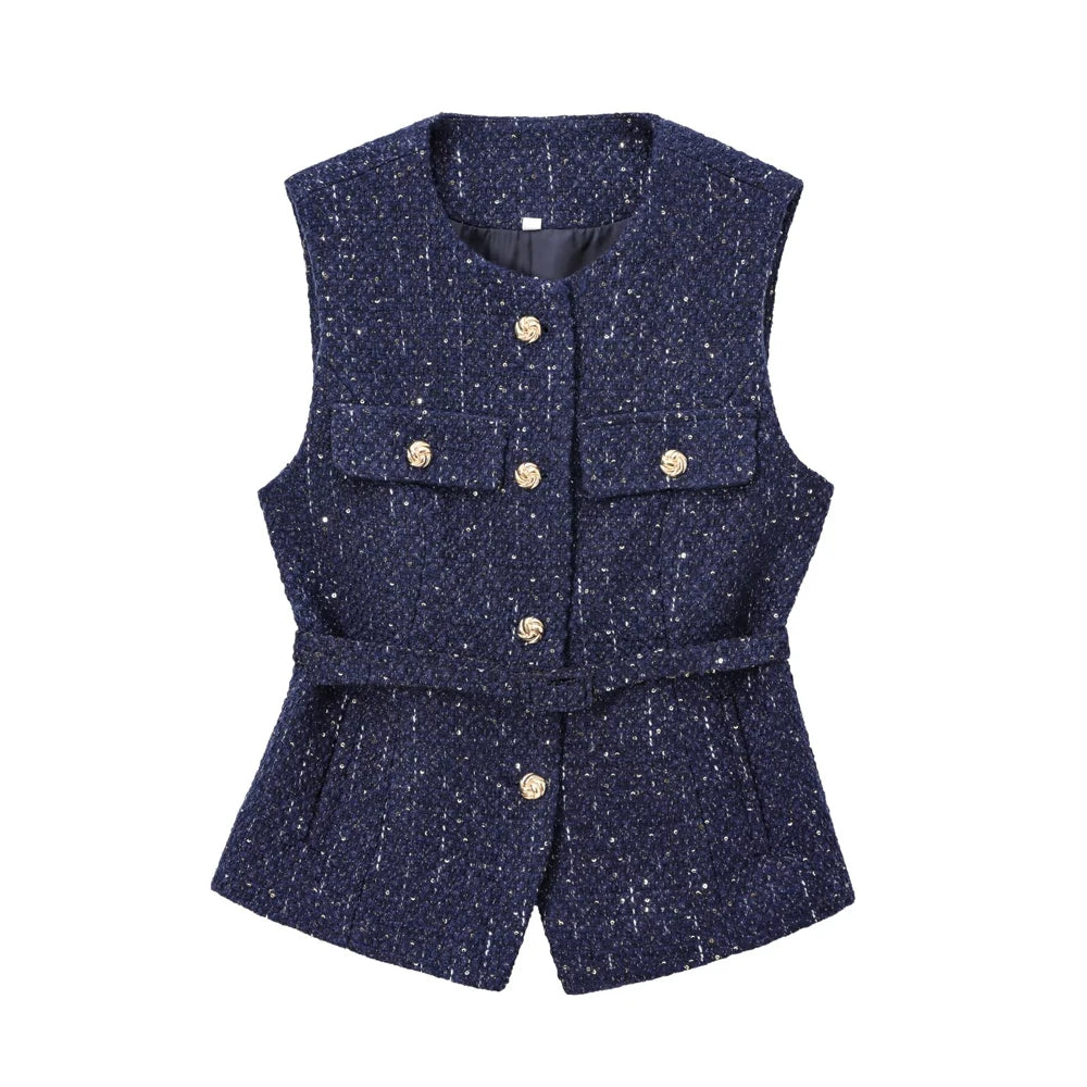 Vests - Metallic Flecked Tweed Cinched Vest for Professional Events