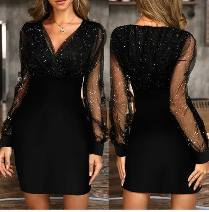 Sequin Mini Dress - Black Sequin Mini Dress with Sheer Mesh Sleeves