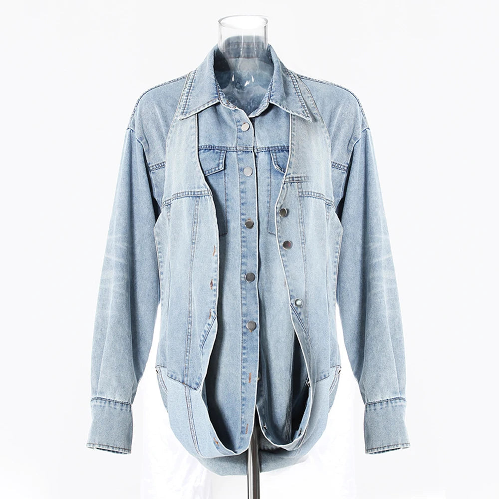 Denim Outfits - Loose Chic Jackets For Women Lapel Long Sleeve Streetwear Patchwork Pockets Coats Female Fashion Style New