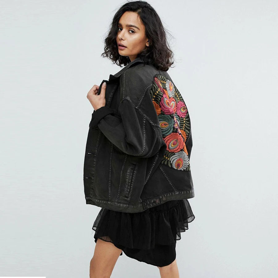 Denim Jackets - Floral Embroidered Patch on Back Denim Oversized Jacket