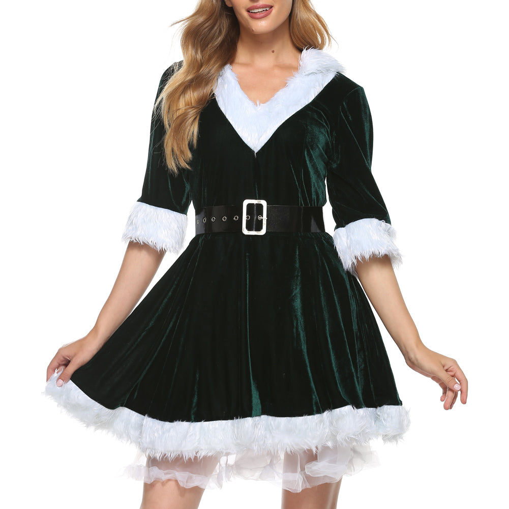 Santa Claus Mini Dress- Santa Claus Xmas Velvet Hooded Belted Mini Dress- - Pekosa Women Clothing