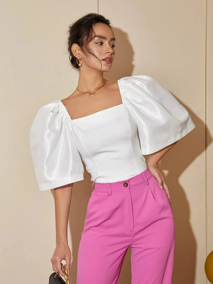 Satin Blouses - French Style Satin Blouse with Dramatic Sleeves