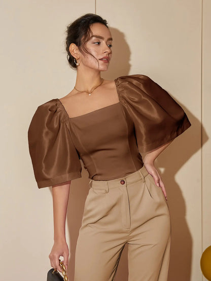 Satin Blouses - French Style Satin Blouse with Dramatic Sleeves