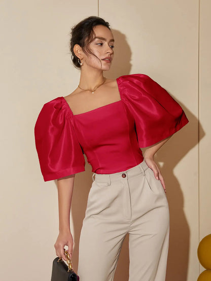 Satin Blouses - French Style Satin Blouse with Dramatic Sleeves