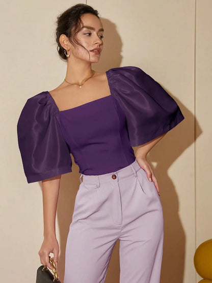 Satin Blouses - French Style Satin Blouse with Dramatic Sleeves