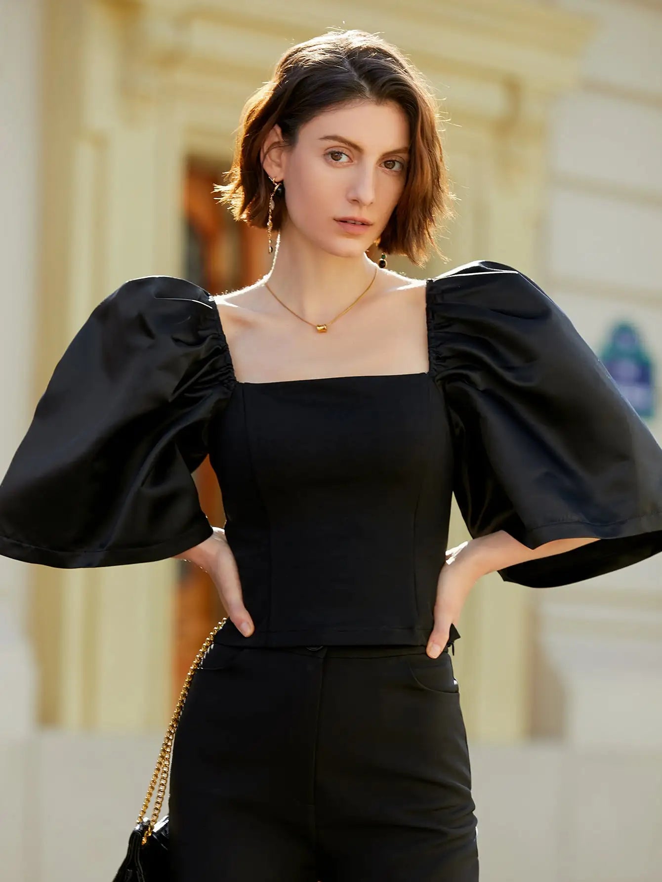 Satin Blouses - French Style Satin Blouse with Dramatic Sleeves