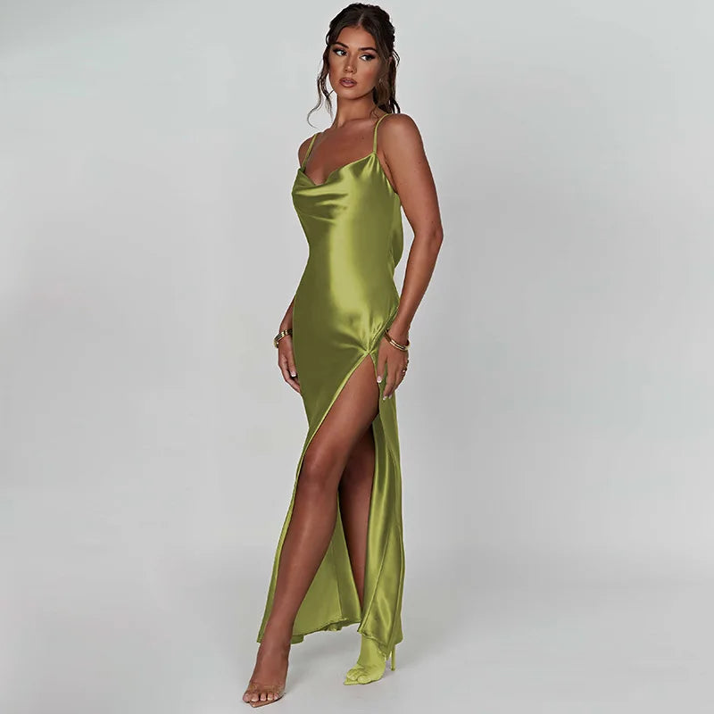 Satin Dresses - Bridesmaid Satin Dress for Weddings with Cowl Neck & Slit