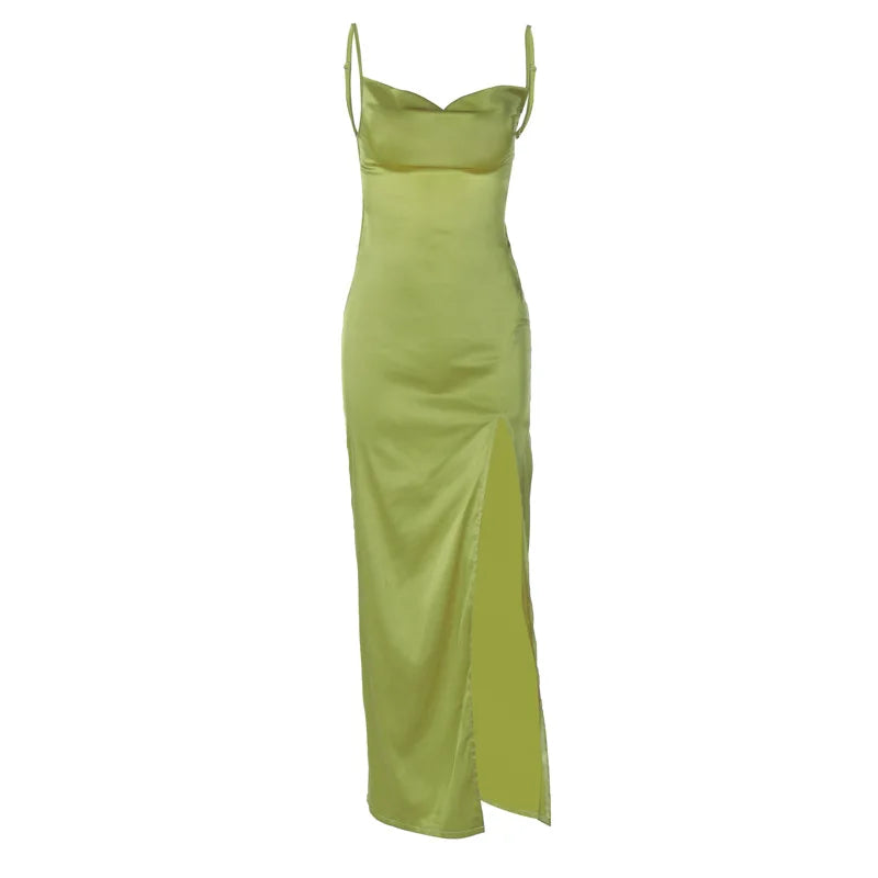 Satin Dresses - Bridesmaid Satin Dress for Weddings with Cowl Neck & Slit