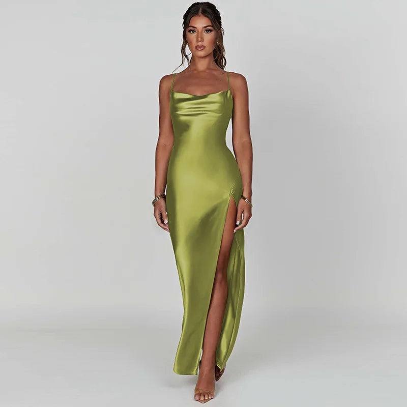 Satin Dresses - Bridesmaid Satin Dress for Weddings with Cowl Neck & Slit