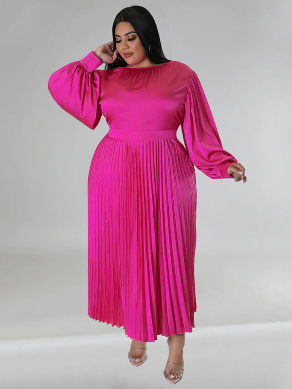 Satin Dresses - Elegant Satin Plus Size Pleated Dress for Evening Parties