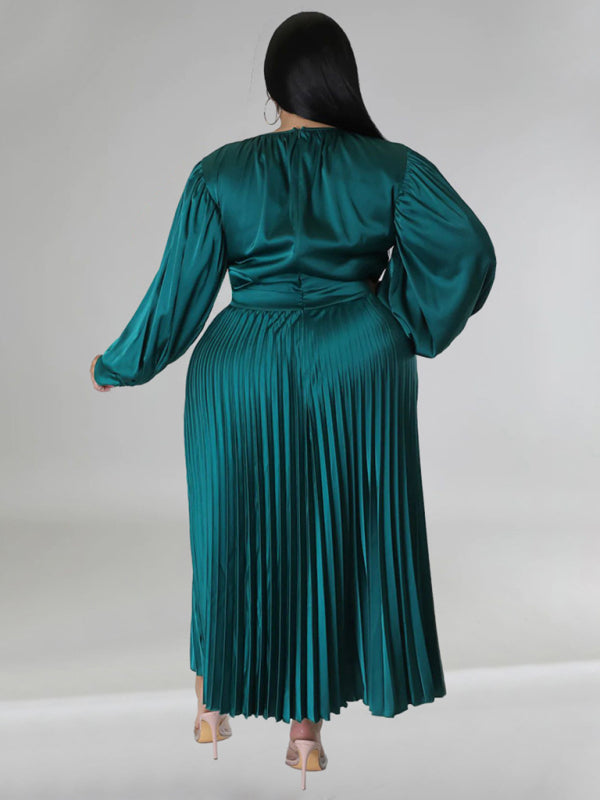 Satin Dresses - Elegant Satin Plus Size Pleated Dress for Evening Parties