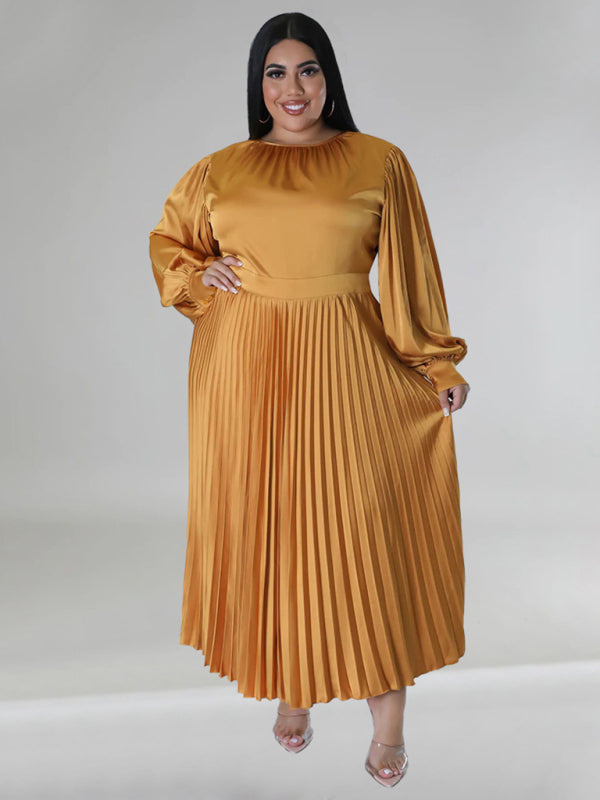 Satin Dresses - Elegant Satin Plus Size Pleated Dress for Evening Parties