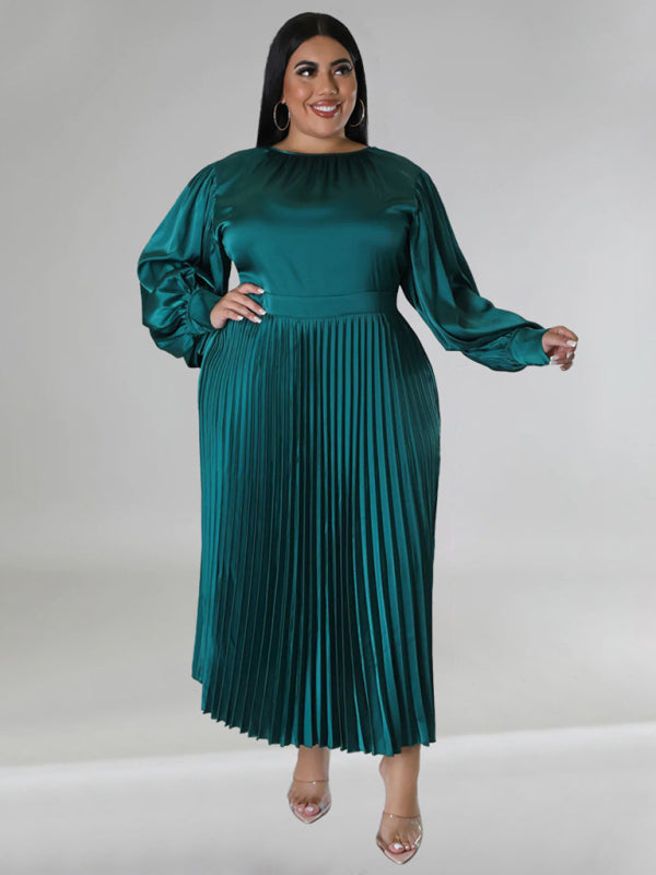 Satin Dresses - Elegant Satin Plus Size Pleated Dress for Evening Parties