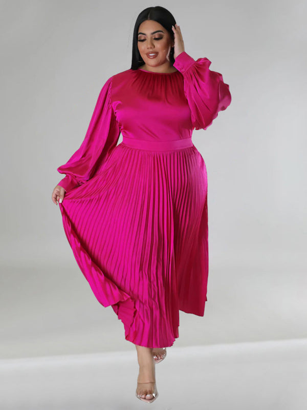 Satin Dresses - Elegant Satin Plus Size Pleated Dress for Evening Parties