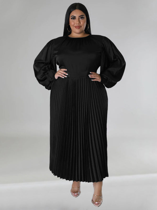 Satin Dresses - Elegant Satin Plus Size Pleated Dress for Evening Parties