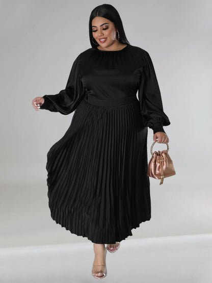 Satin Dresses - Elegant Satin Plus Size Pleated Dress for Evening Parties