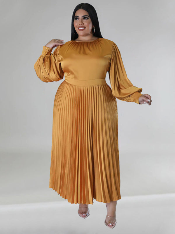 Satin Dresses - Elegant Satin Plus Size Pleated Dress for Evening Parties