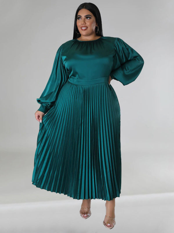 Satin Dresses - Elegant Satin Plus Size Pleated Dress for Evening Parties