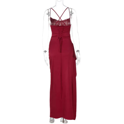 Satin Dresses - Elegant Wedding Guest Satin Maxi Dress with High Slit & Lace-Up