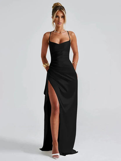 Satin Dresses - Elegant Wedding Guest Satin Maxi Dress with High Slit & Lace-Up